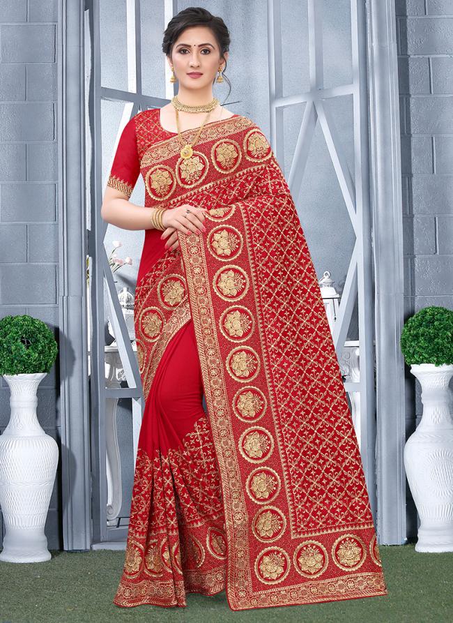 Vichitra Blooming Silk Red Festival Wear Zari Embroidery Work Saree